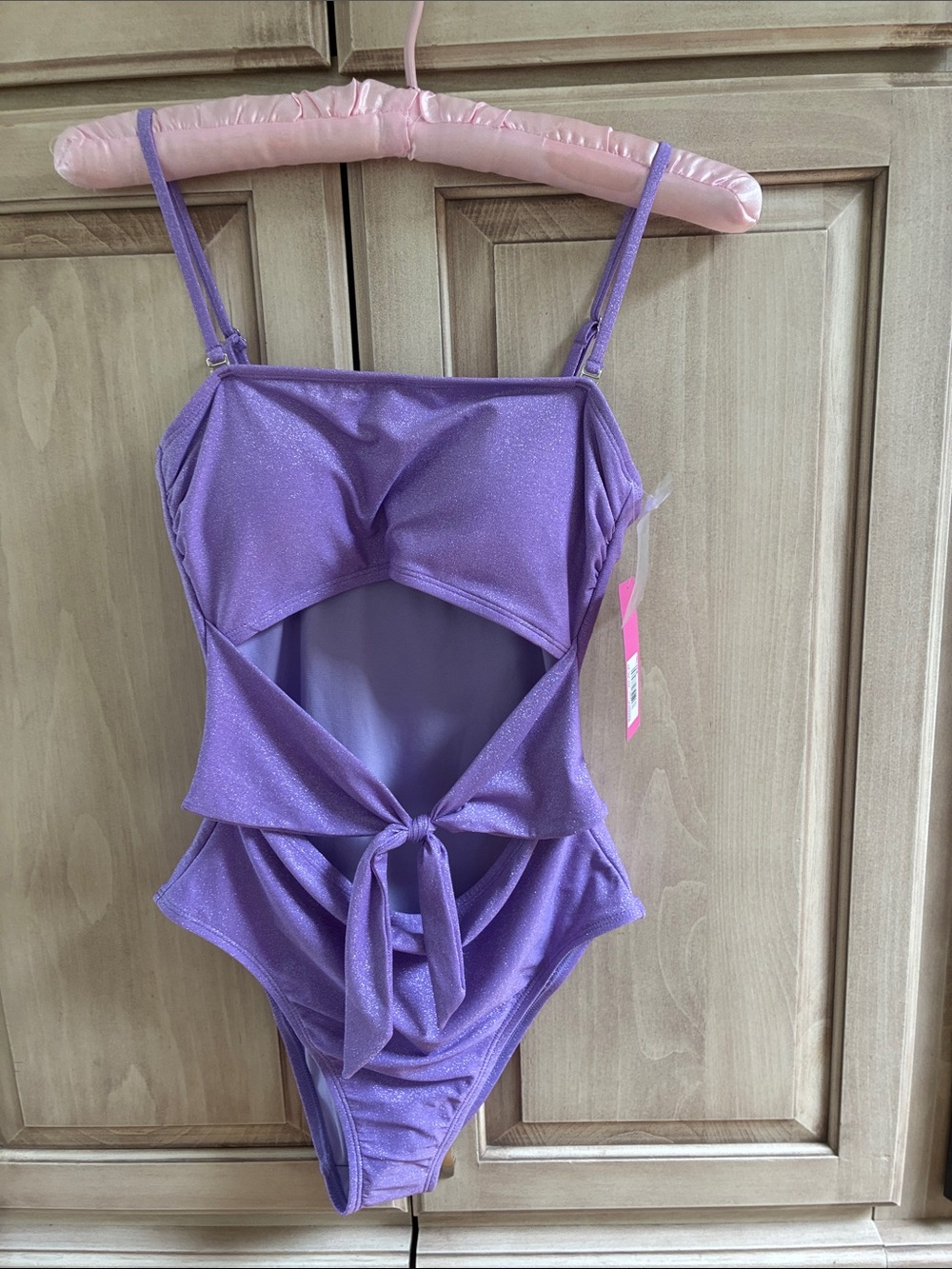 Purple Sparkle One-Piece Swimsuit bandeau style sz S with Tie-Front